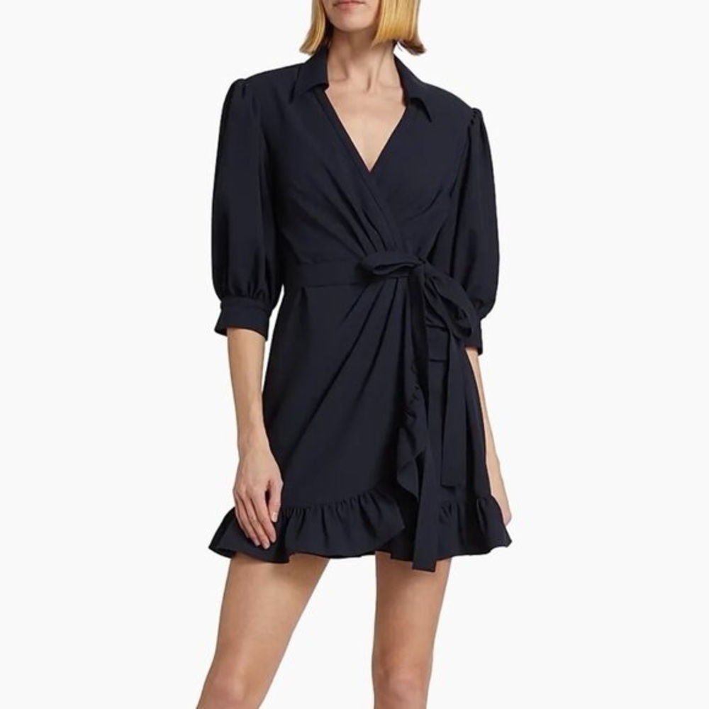 Cinq a Sept Vickie Puff-Sleeve Ruffled Mini Wrap in Navy  Size 2 NWOT